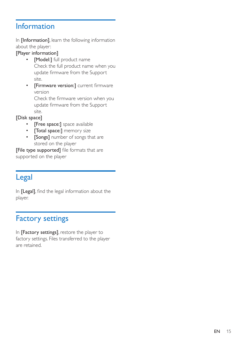 Information, Legal, Factory settings | Information 15, Legal 15 | Philips SA4RGA04KF-37 User Manual | Page 17 / 22