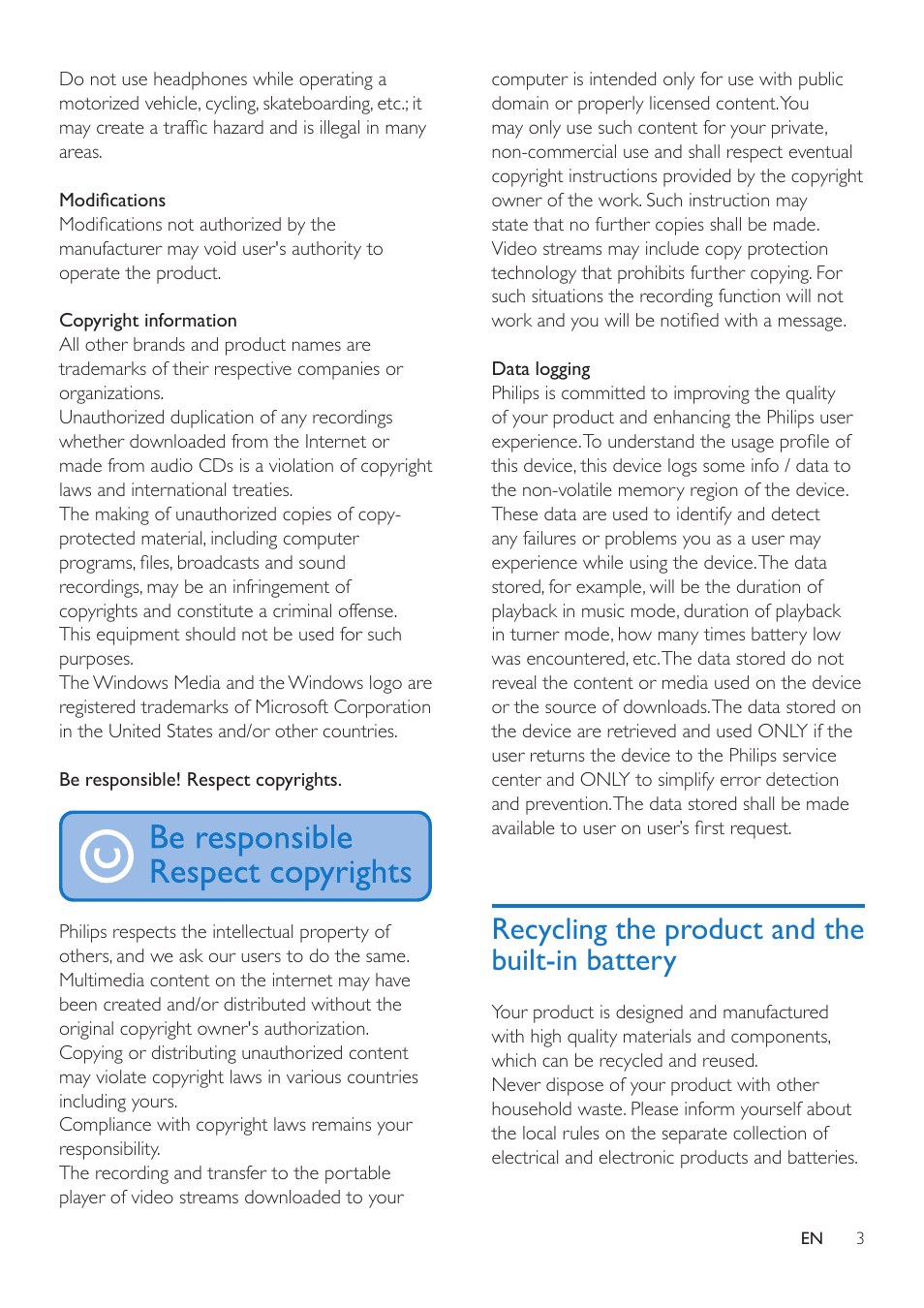 Recycling the product and the built-in battery, Recycling the product and the built-in, Battery 3 | Philips SA4RGA04KF-37 User Manual | Page 5 / 22