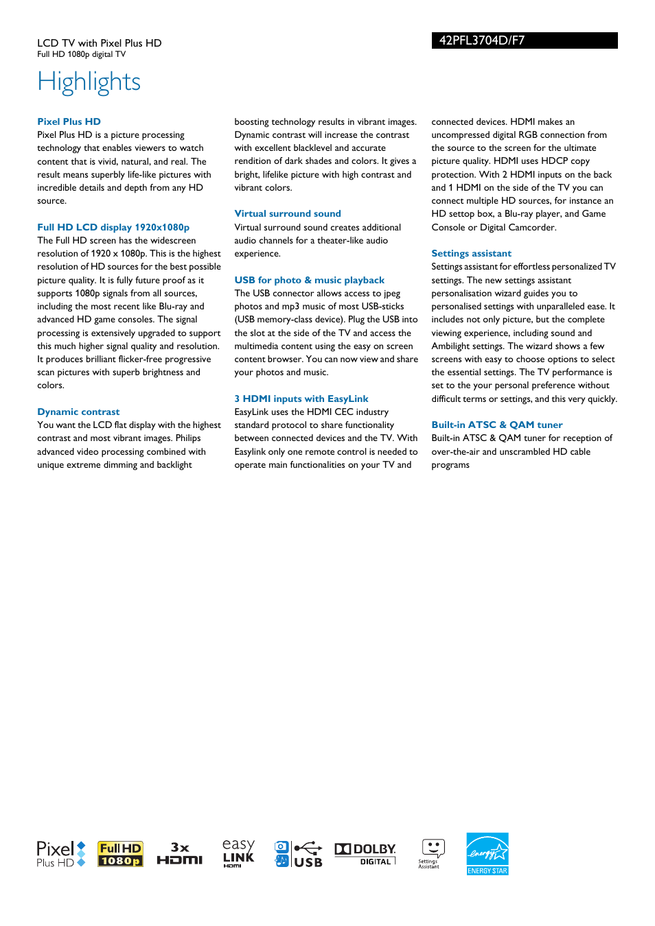 Highlights | Philips 42PFL3704D-F7 User Manual | Page 2 / 3