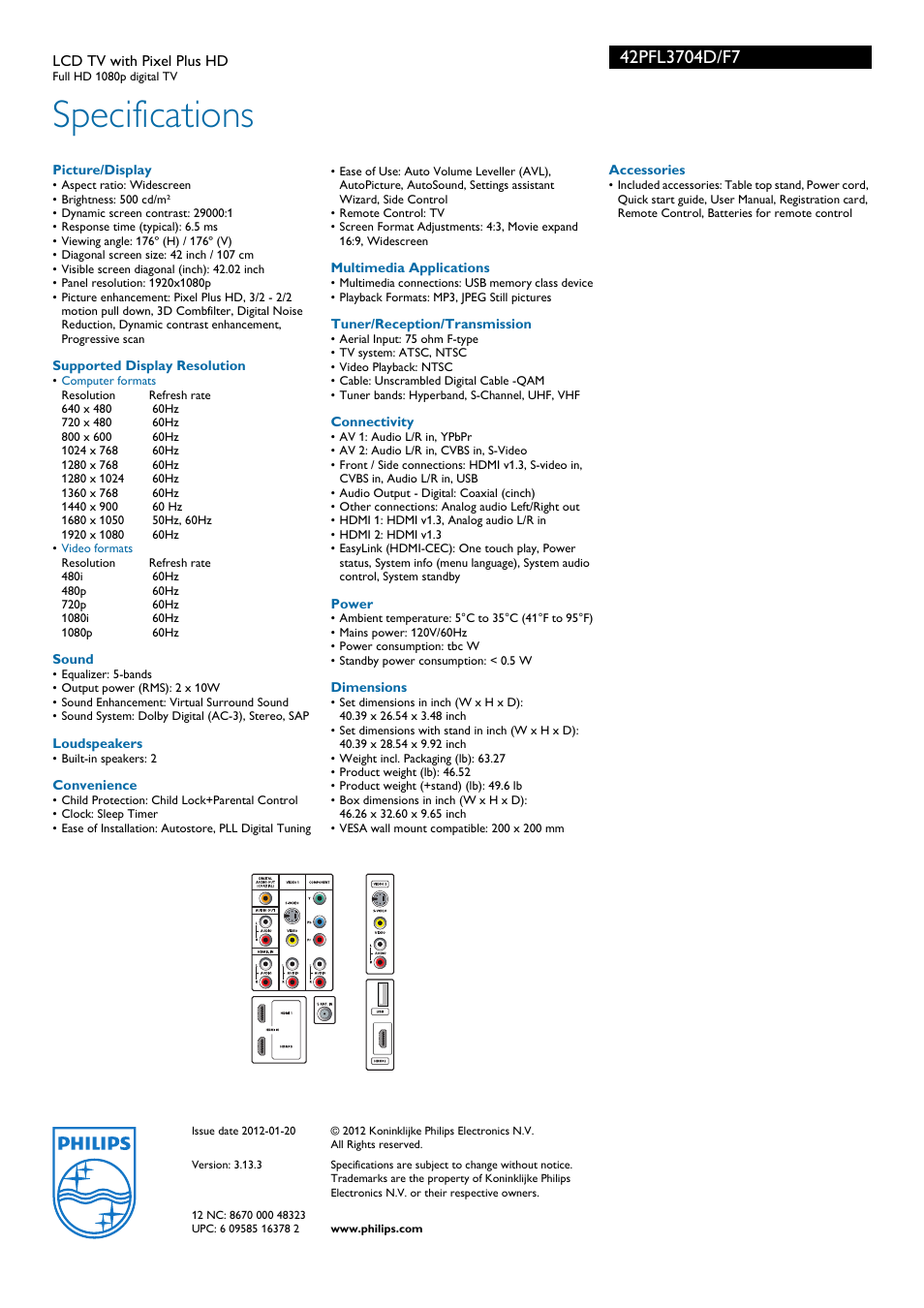 Specifications | Philips 42PFL3704D-F7 User Manual | Page 3 / 3