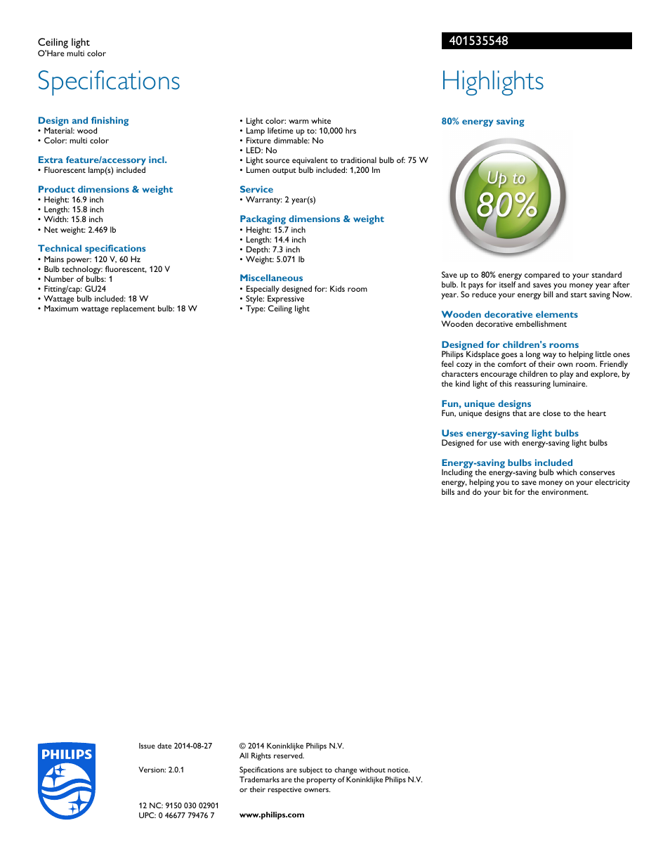 Specifications, Highlights | Philips 401535548 User Manual | Page 2 / 2