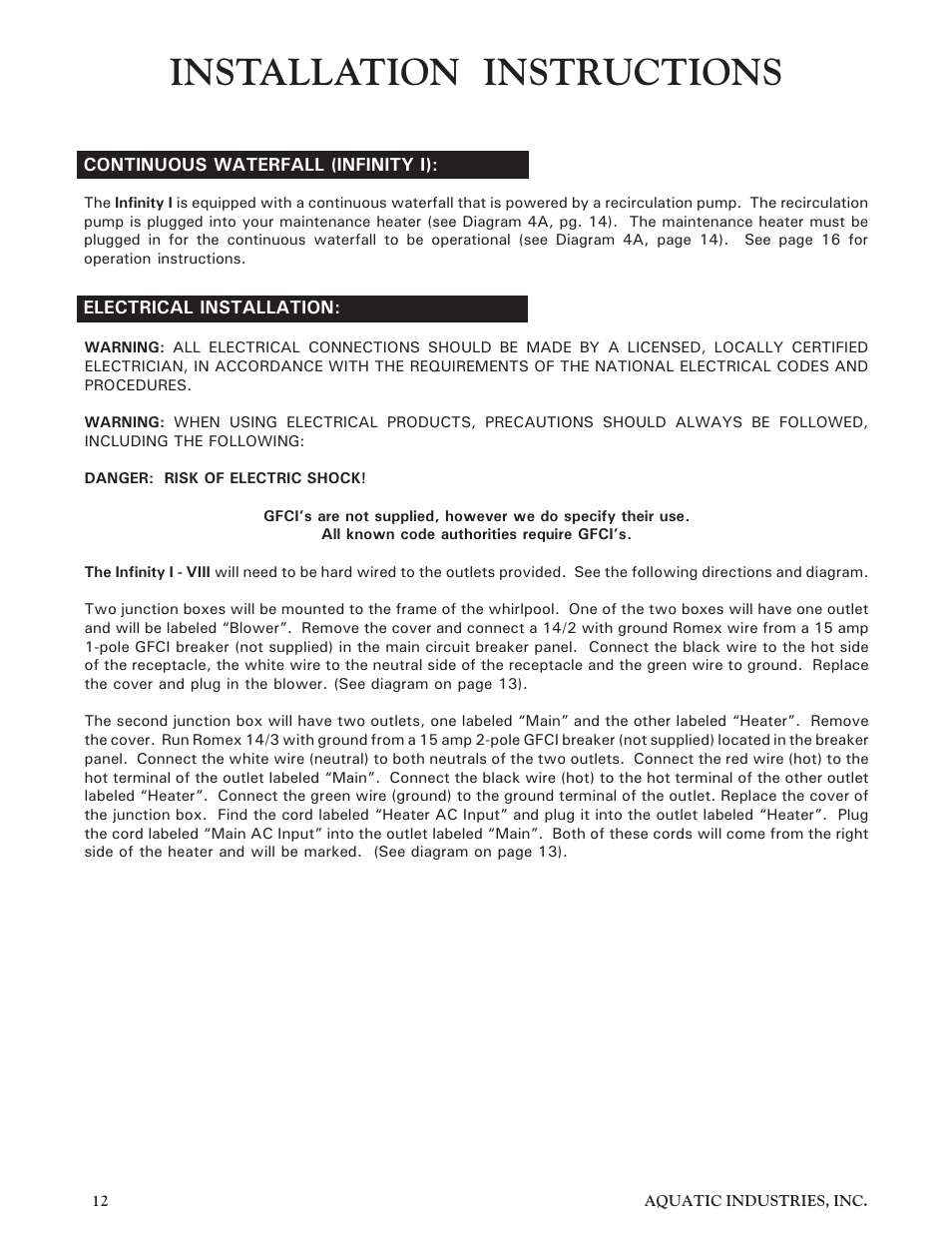 Installation instructions | Aquatic Infinity Series User Manual | Page 11 / 35