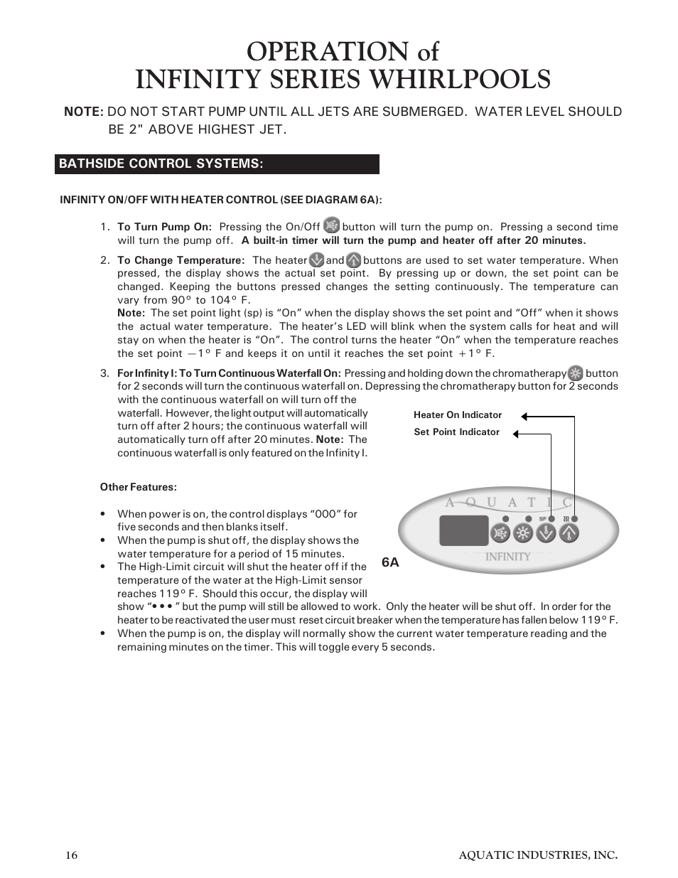 Operation of infinity series whirlpools | Aquatic Infinity Series User Manual | Page 15 / 35