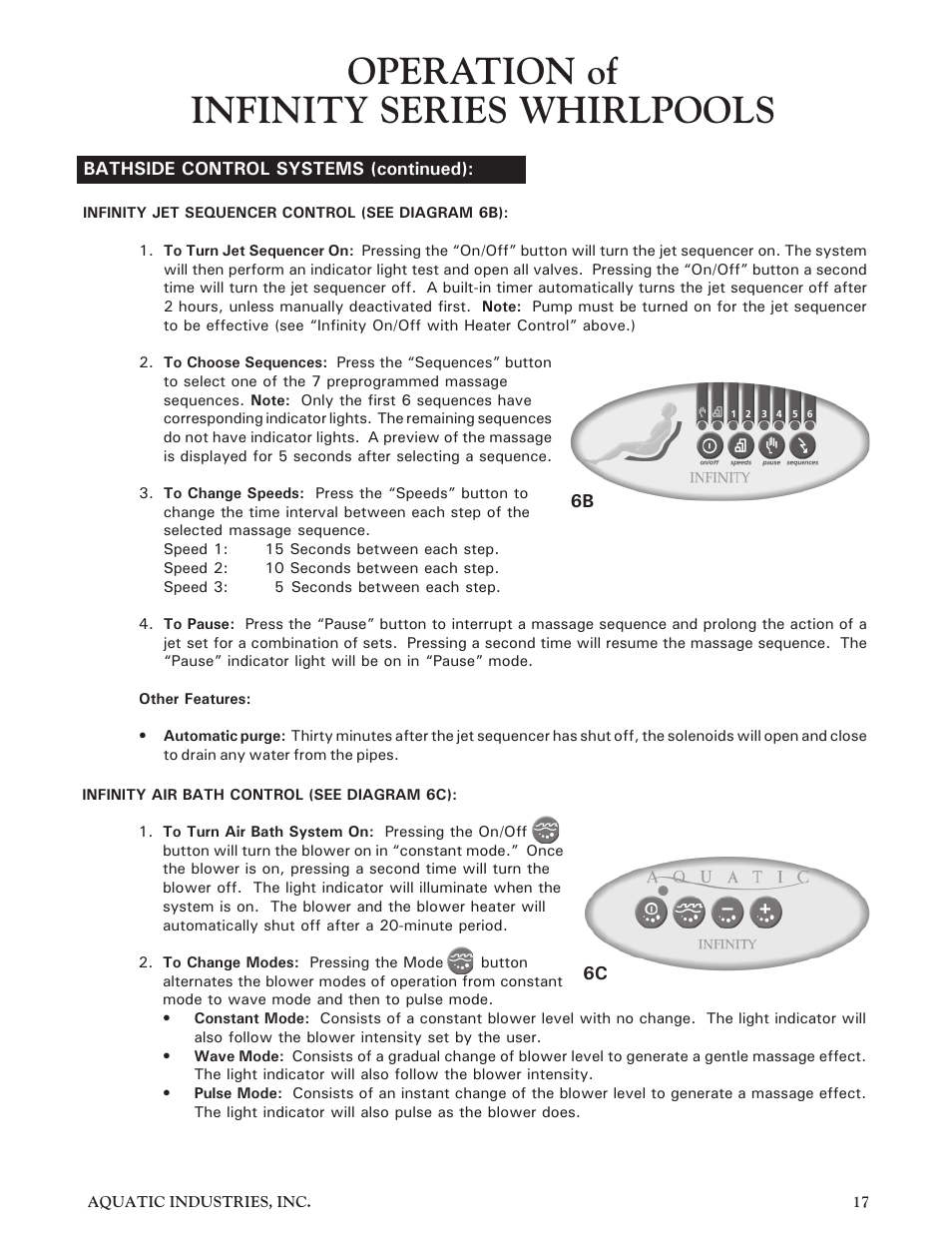 Operation of infinity series whirlpools | Aquatic Infinity Series User Manual | Page 16 / 35