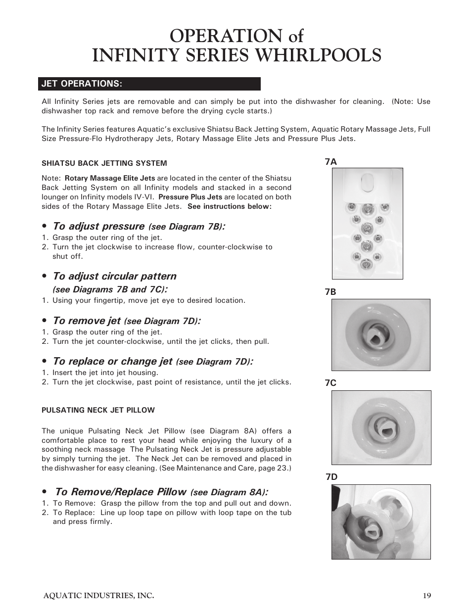 Operation of infinity series whirlpools | Aquatic Infinity Series User Manual | Page 18 / 35