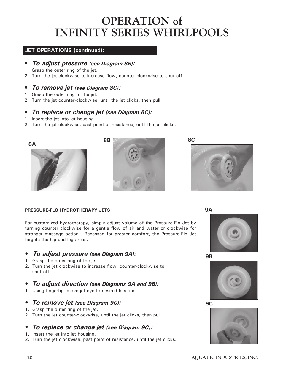 Operation of infinity series whirlpools | Aquatic Infinity Series User Manual | Page 19 / 35