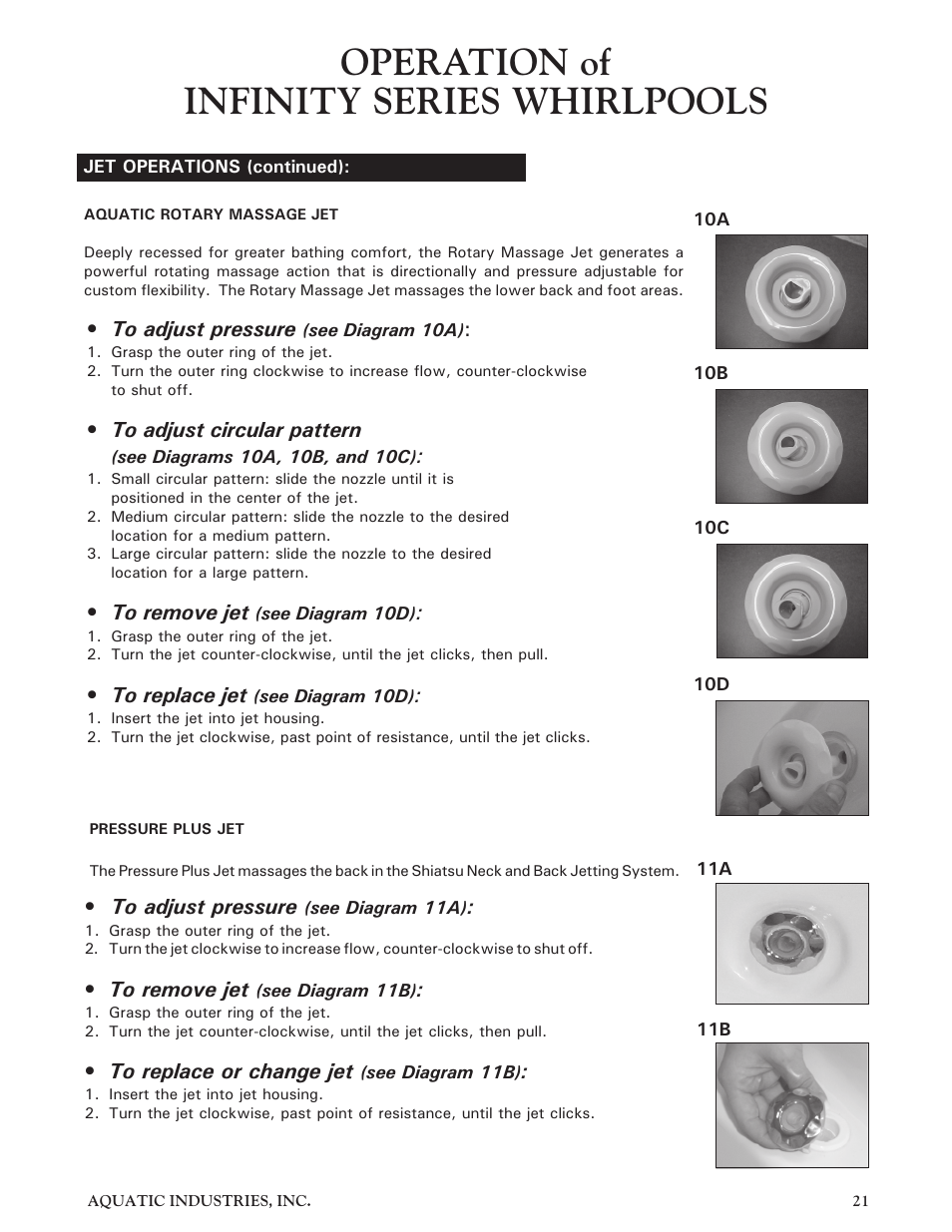 Operation of infinity series whirlpools | Aquatic Infinity Series User Manual | Page 20 / 35