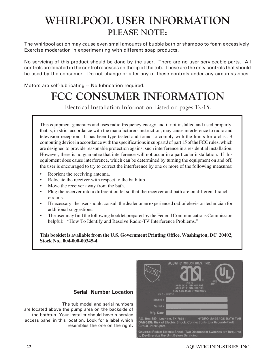 Whirlpool user information, Fcc consumer information | Aquatic Infinity Series User Manual | Page 21 / 35