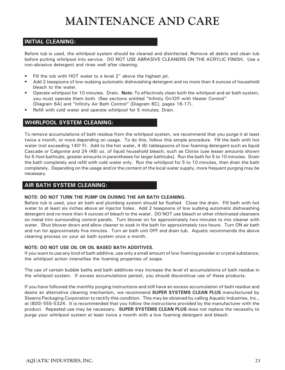 Maintenance and care | Aquatic Infinity Series User Manual | Page 22 / 35