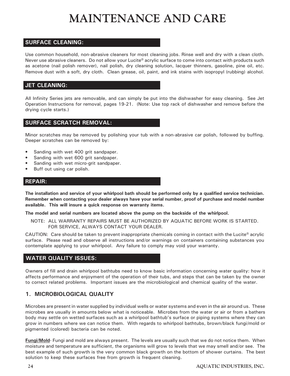 Maintenance and care | Aquatic Infinity Series User Manual | Page 23 / 35