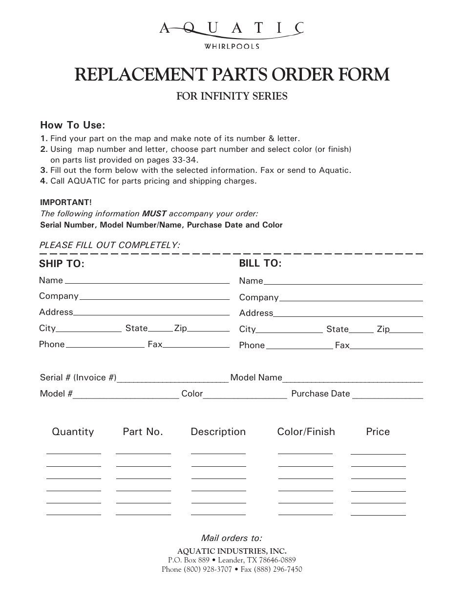 Replacement parts order form | Aquatic Infinity Series User Manual | Page 27 / 35