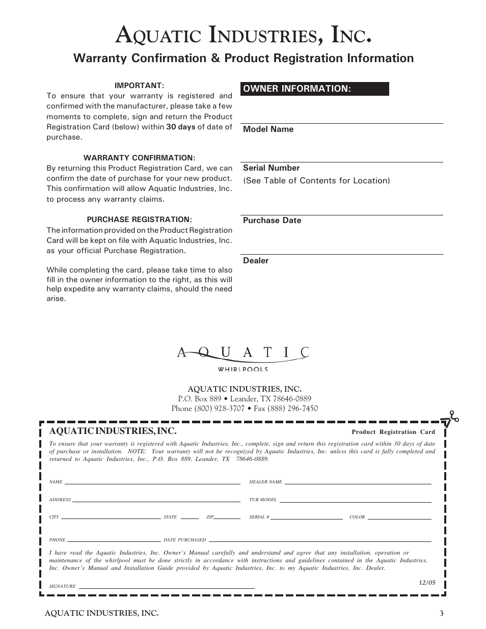 Quatic, Ndustries | Aquatic Infinity Series User Manual | Page 3 / 35