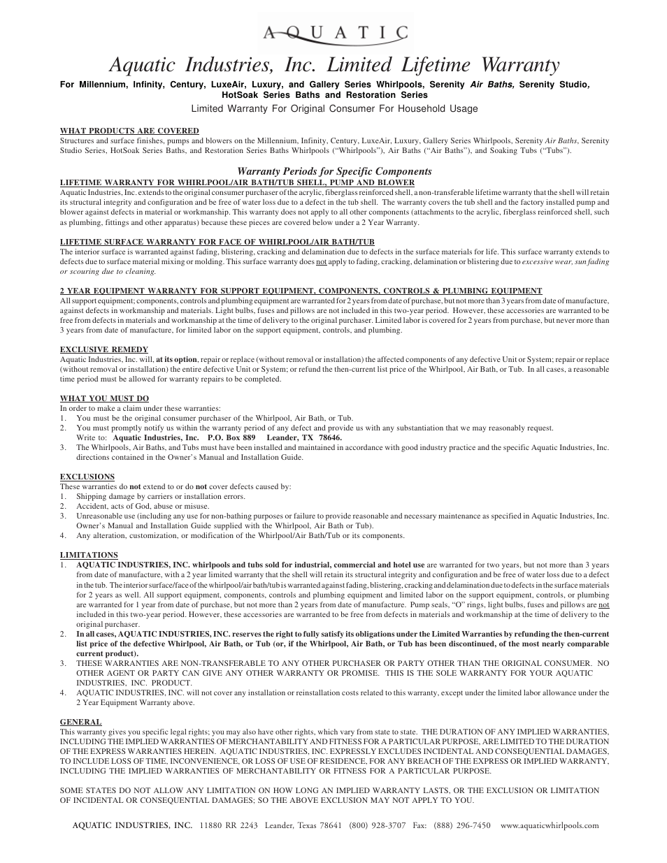 Aquatic industries, inc. limited lifetime warranty | Aquatic Infinity Series User Manual | Page 34 / 35