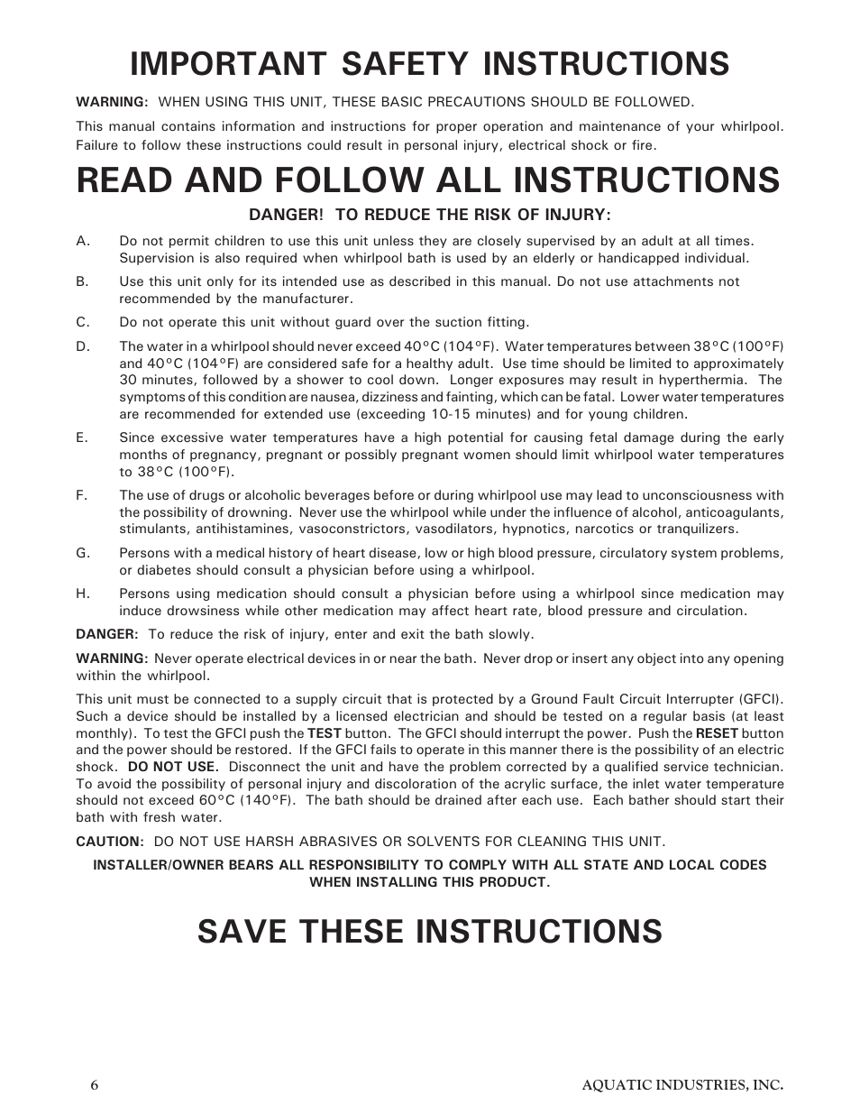 Read and follow all instructions, Important safety instructions, Save these instructions | Aquatic Infinity Series User Manual | Page 5 / 35