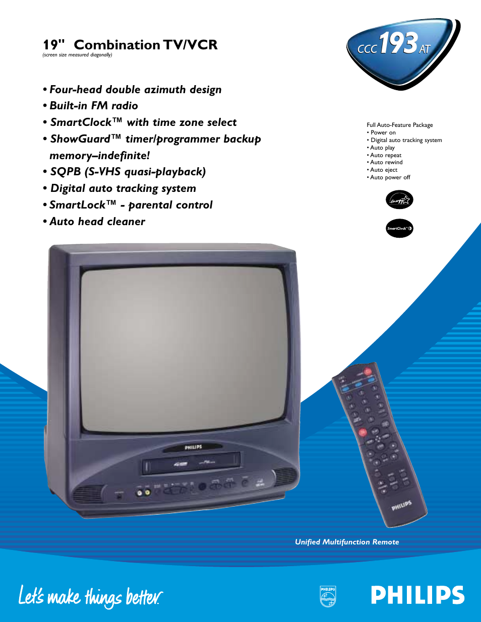 Philips 19i Combination 4-Head TV-VCR w-FM Radio User Manual | 2 pages