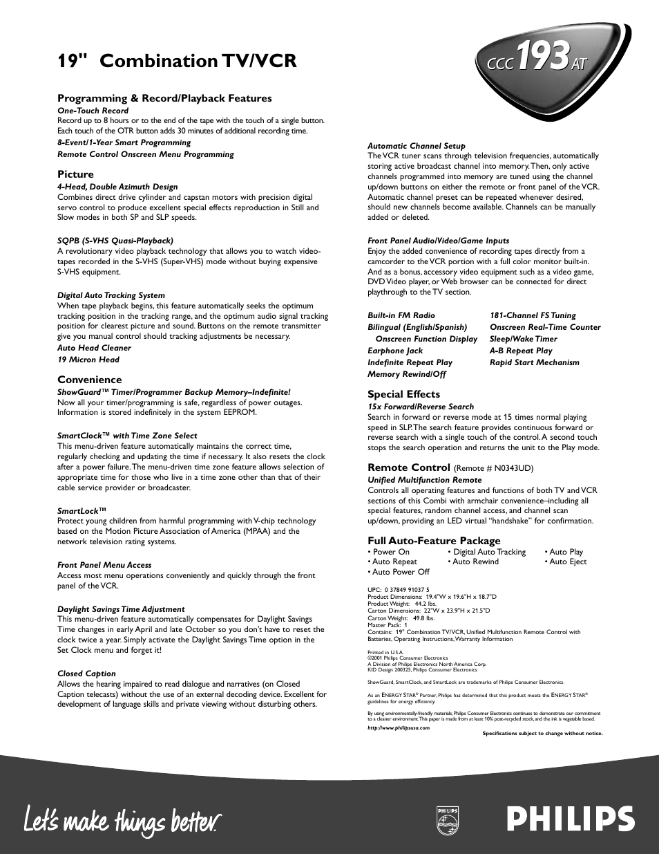 19" combination tv/vcr, At ccc | Philips 19i Combination 4-Head TV-VCR w-FM Radio User Manual | Page 2 / 2