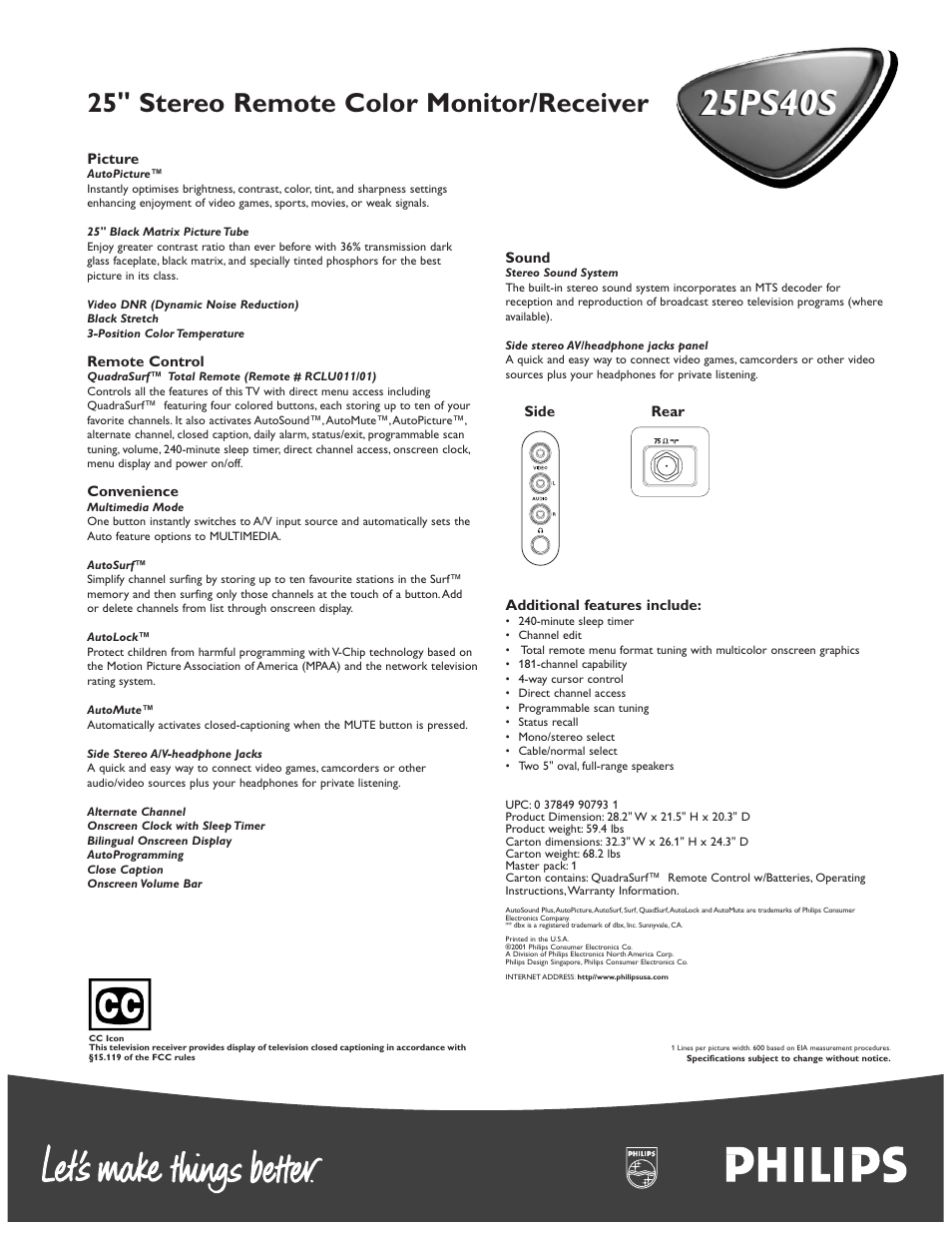 25ps40s, 25" stereo remote color monitor/receiver | Philips 25PS40S99 User Manual | Page 2 / 2