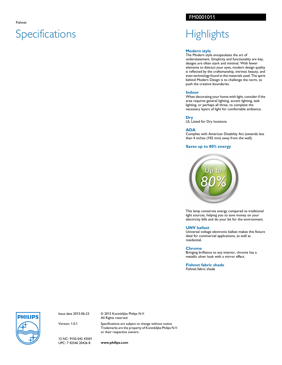 Specifications, Highlights | Philips FM0001011 User Manual | Page 2 / 2