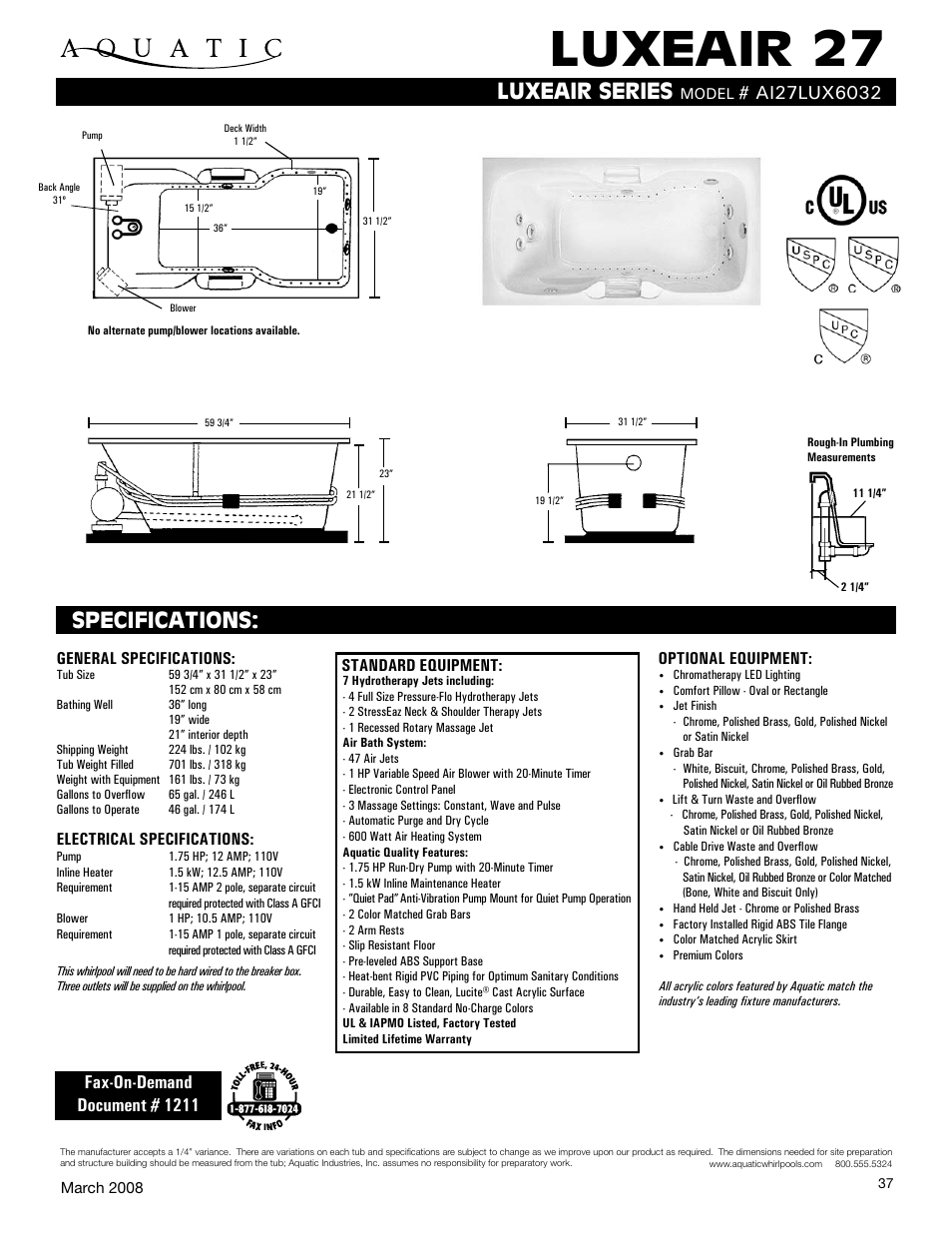Aquatic LUXEAIR 27 ai27lux6032 User Manual | 1 page