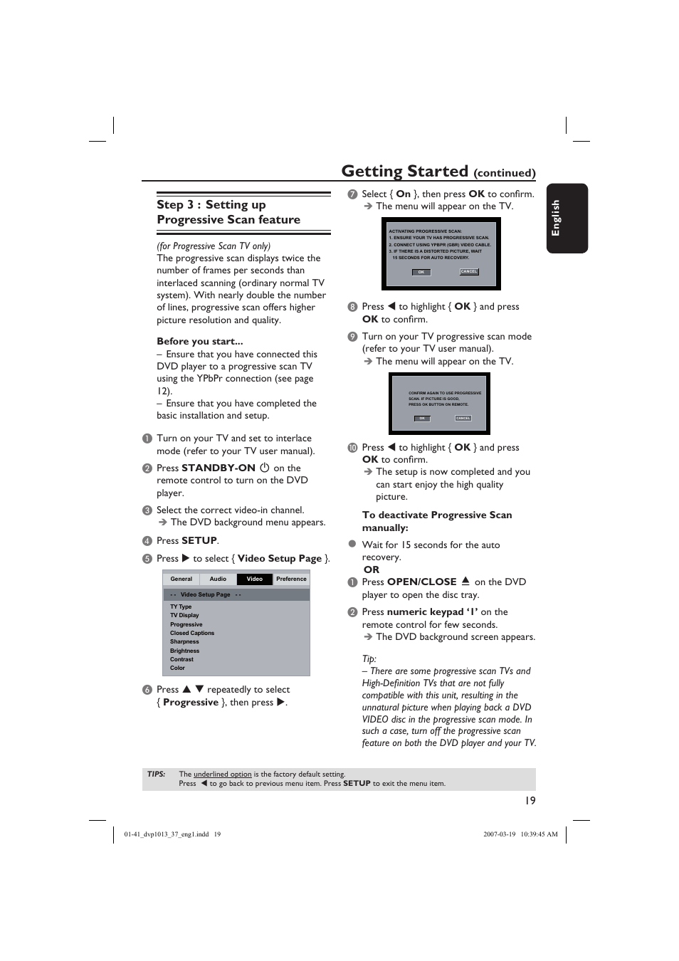 Getting started, Step 3 : setting up progressive scan feature, Continued) | Philips DVP1013-37 User Manual | Page 19 / 41