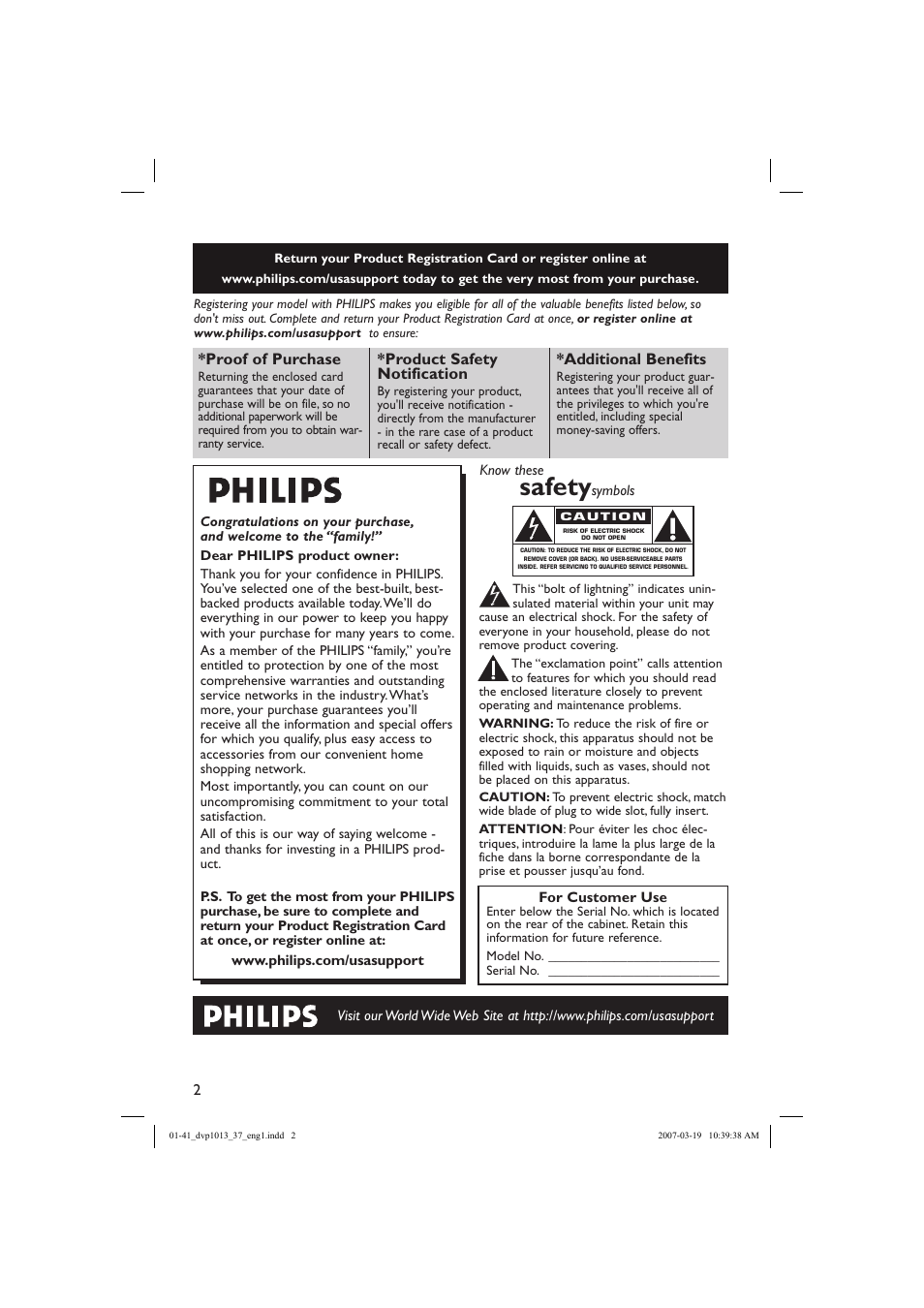 Safety, Proof of purchase, Product safety notification | Additional benefits | Philips DVP1013-37 User Manual | Page 2 / 41