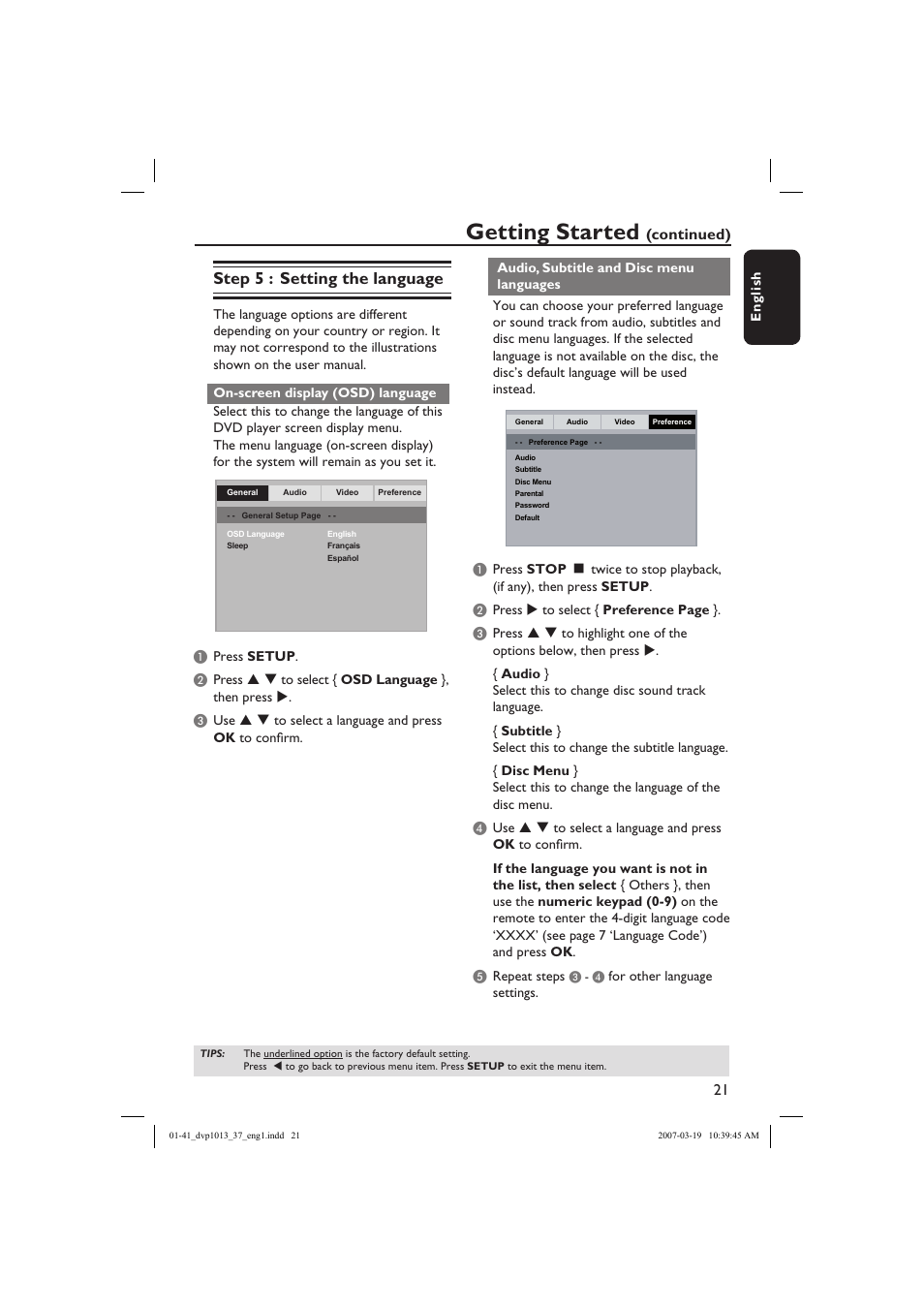 Getting started, Step 5 : setting the language, Continued) | Philips DVP1013-37 User Manual | Page 21 / 41