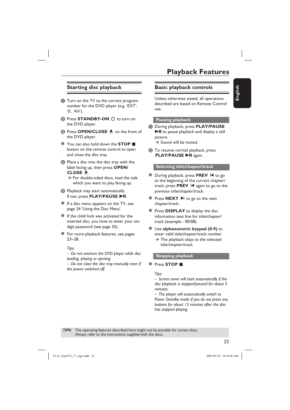 Playback features | Philips DVP1013-37 User Manual | Page 23 / 41