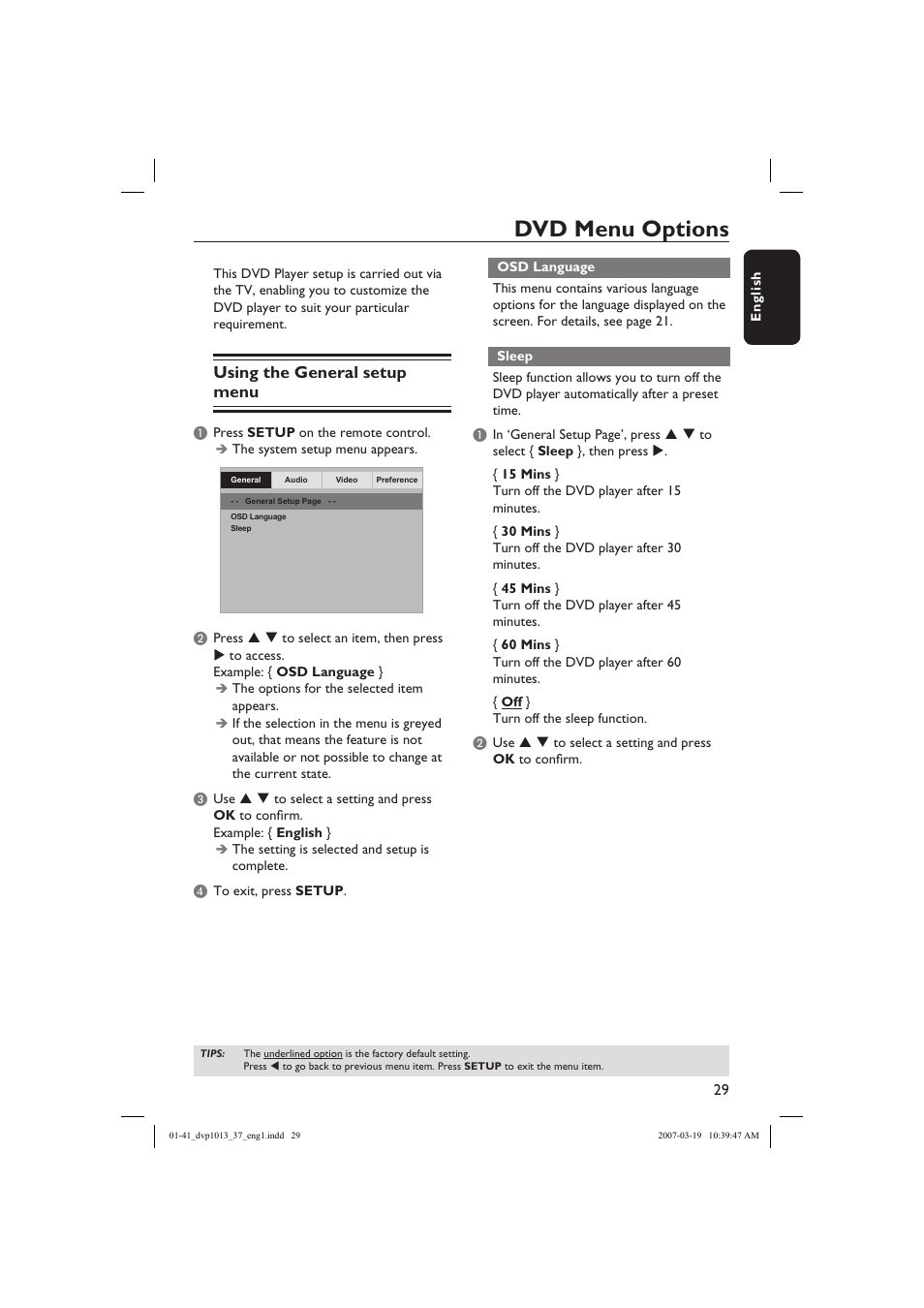 Dvd menu options, Using the general setup menu | Philips DVP1013-37 User Manual | Page 29 / 41