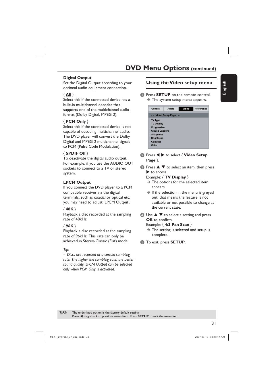 Dvd menu options, Using the video setup menu, Continued) | Philips DVP1013-37 User Manual | Page 31 / 41