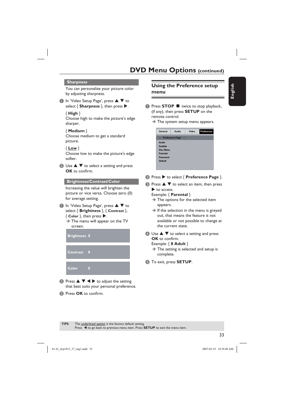 Dvd menu options, Using the preference setup menu | Philips DVP1013-37 User Manual | Page 33 / 41