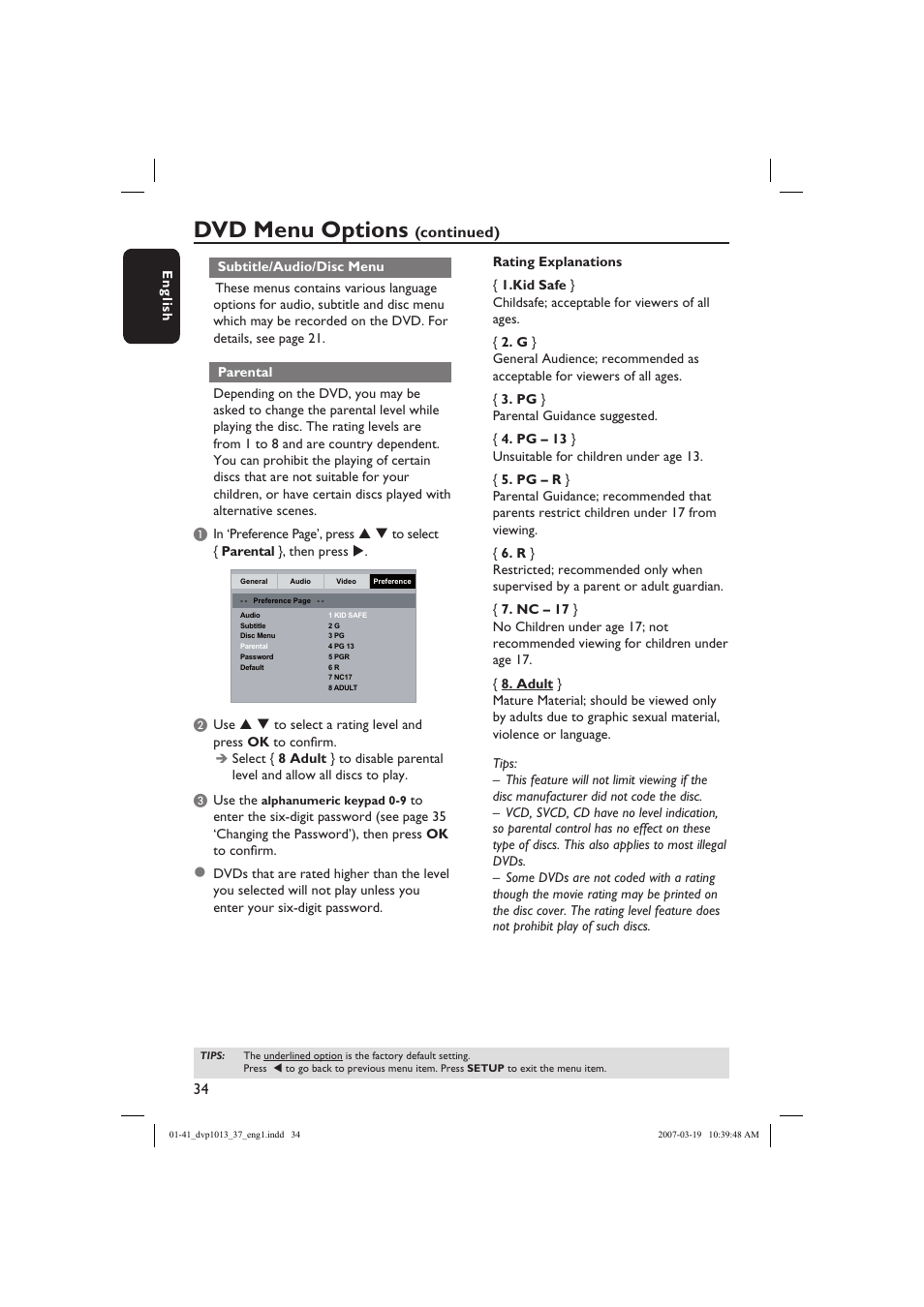 Dvd menu options, Continued) | Philips DVP1013-37 User Manual | Page 34 / 41