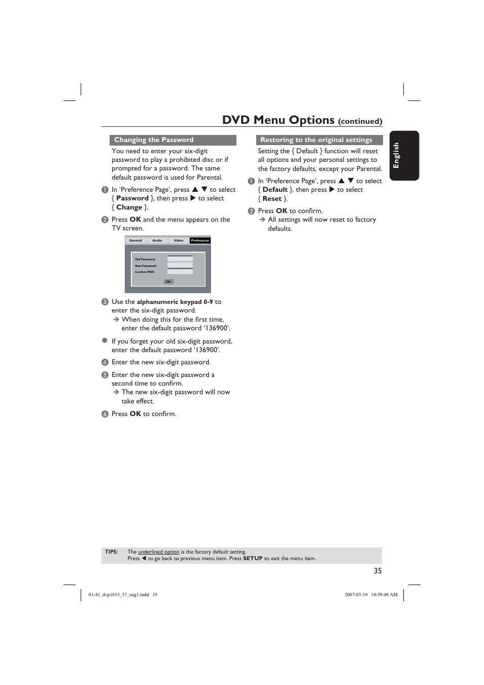 Dvd menu options, Continued) | Philips DVP1013-37 User Manual | Page 35 / 41