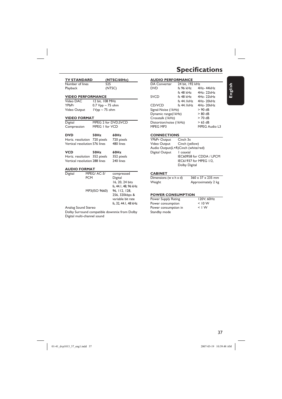 Specifi cations | Philips DVP1013-37 User Manual | Page 37 / 41