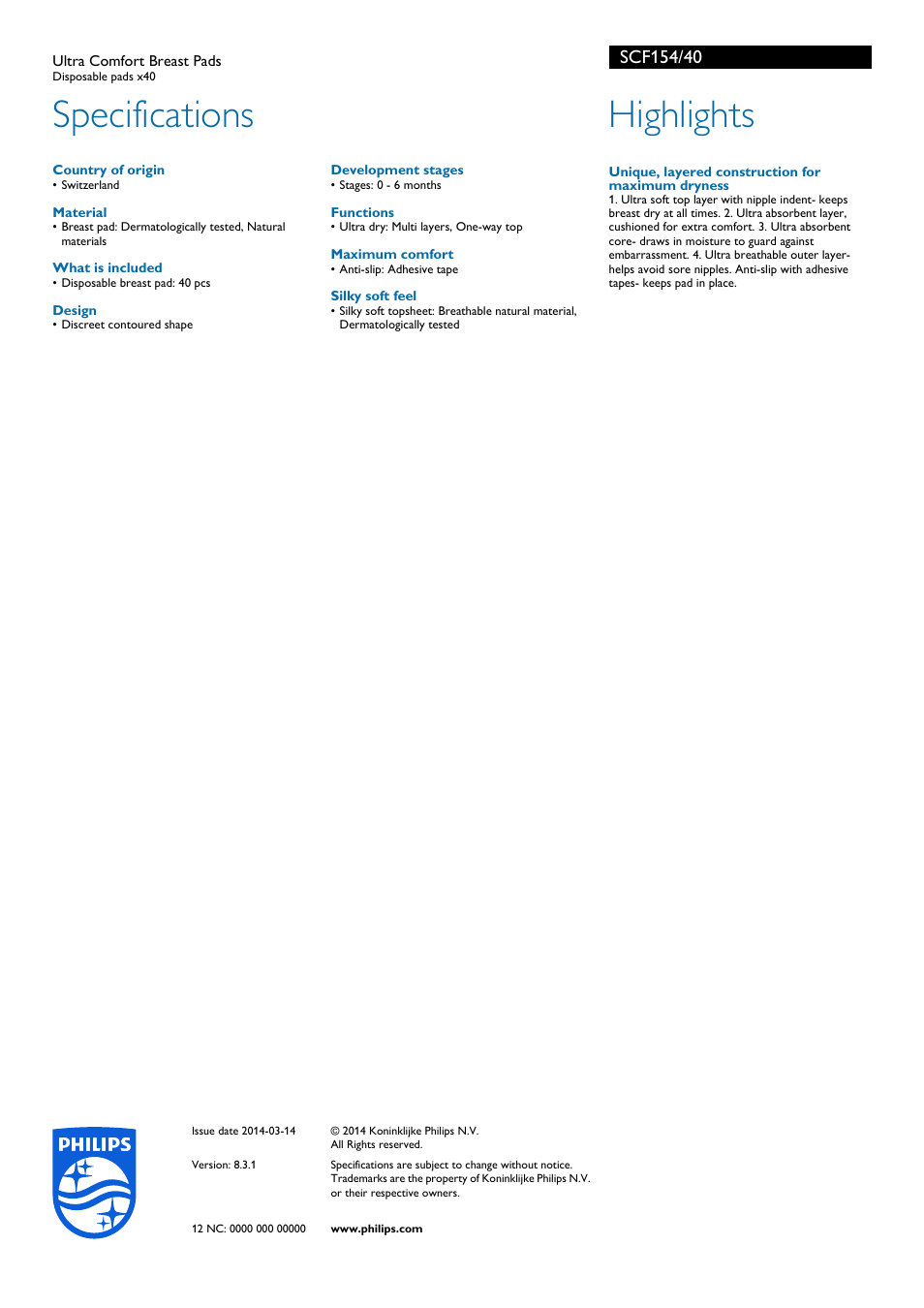Specifications, Highlights | Philips SCF154-40 User Manual | Page 2 / 2
