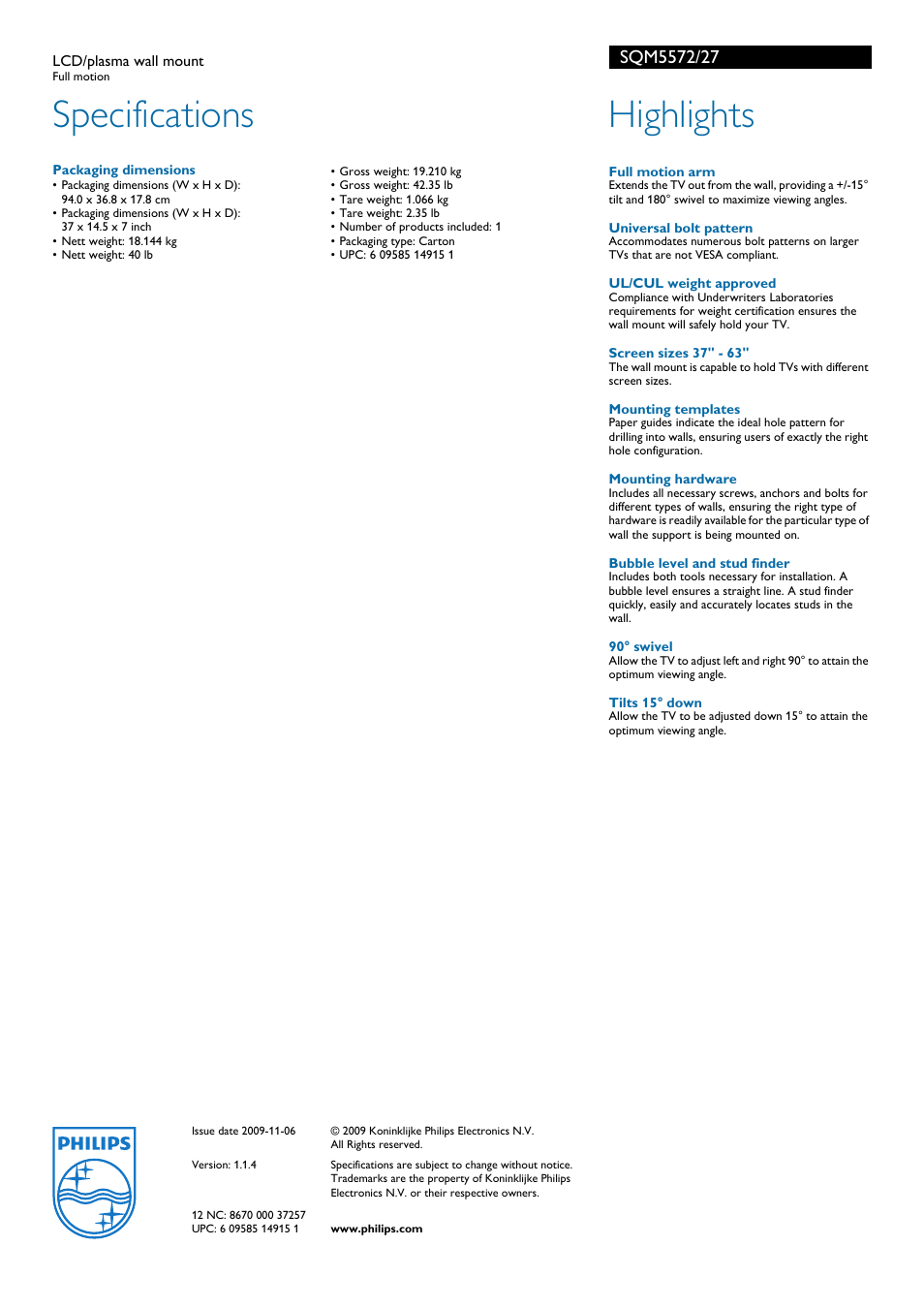 Specifications, Highlights | Philips SQM5572-27 User Manual | Page 2 / 2