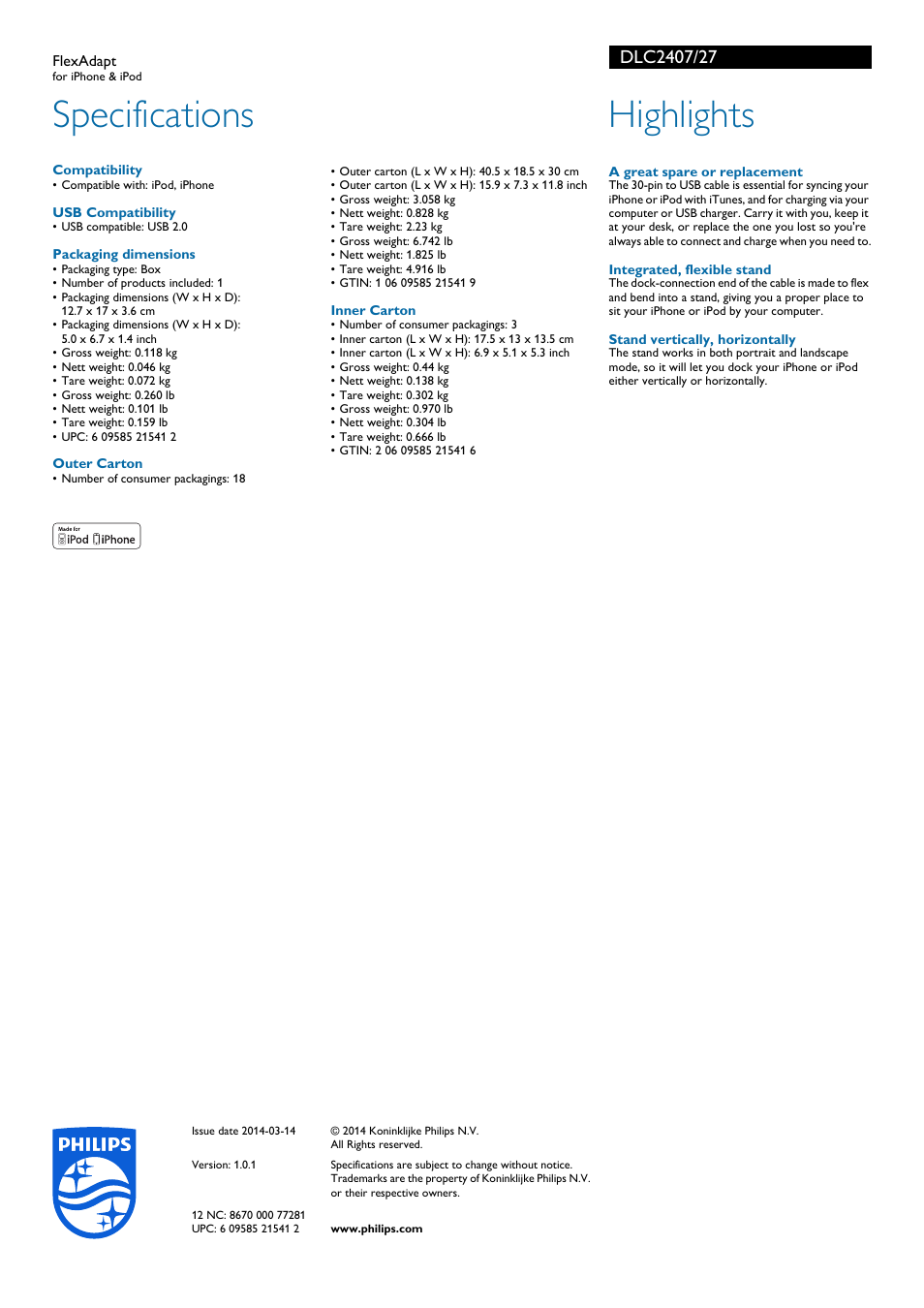 Specifications, Highlights | Philips FlexAdapt DLC2407 for iPhone & iPod User Manual | Page 2 / 2