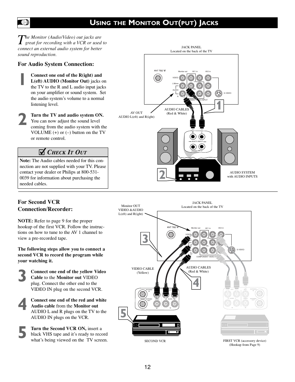 Cc c, For audio system connection, For second vcr connection/recorder | Sing the, Onitor, Acks | Philips 32PT543S-17 User Manual | Page 12 / 40