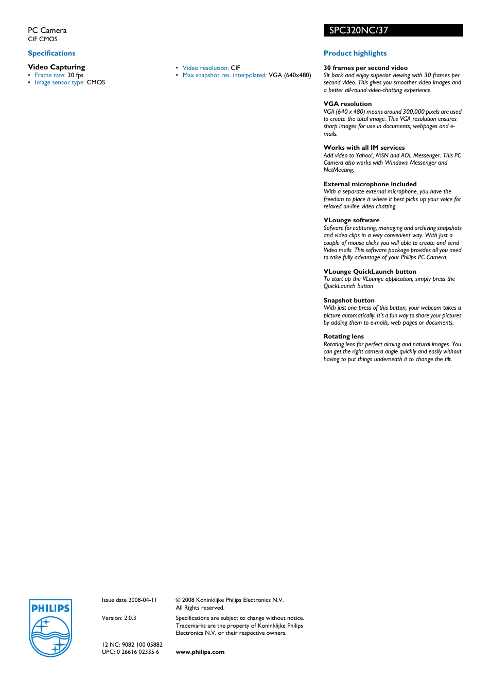 Philips SPC320NC-37 User Manual | Page 2 / 2