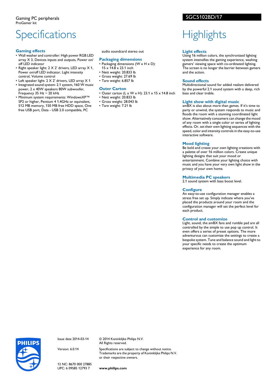 Specifications, Highlights | Philips SGC5102BD-17 User Manual | Page 2 / 2