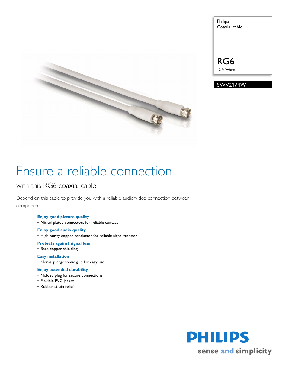 Philips Coaxial cable SWV2174W RG6 12 ft White User Manual | 2 pages