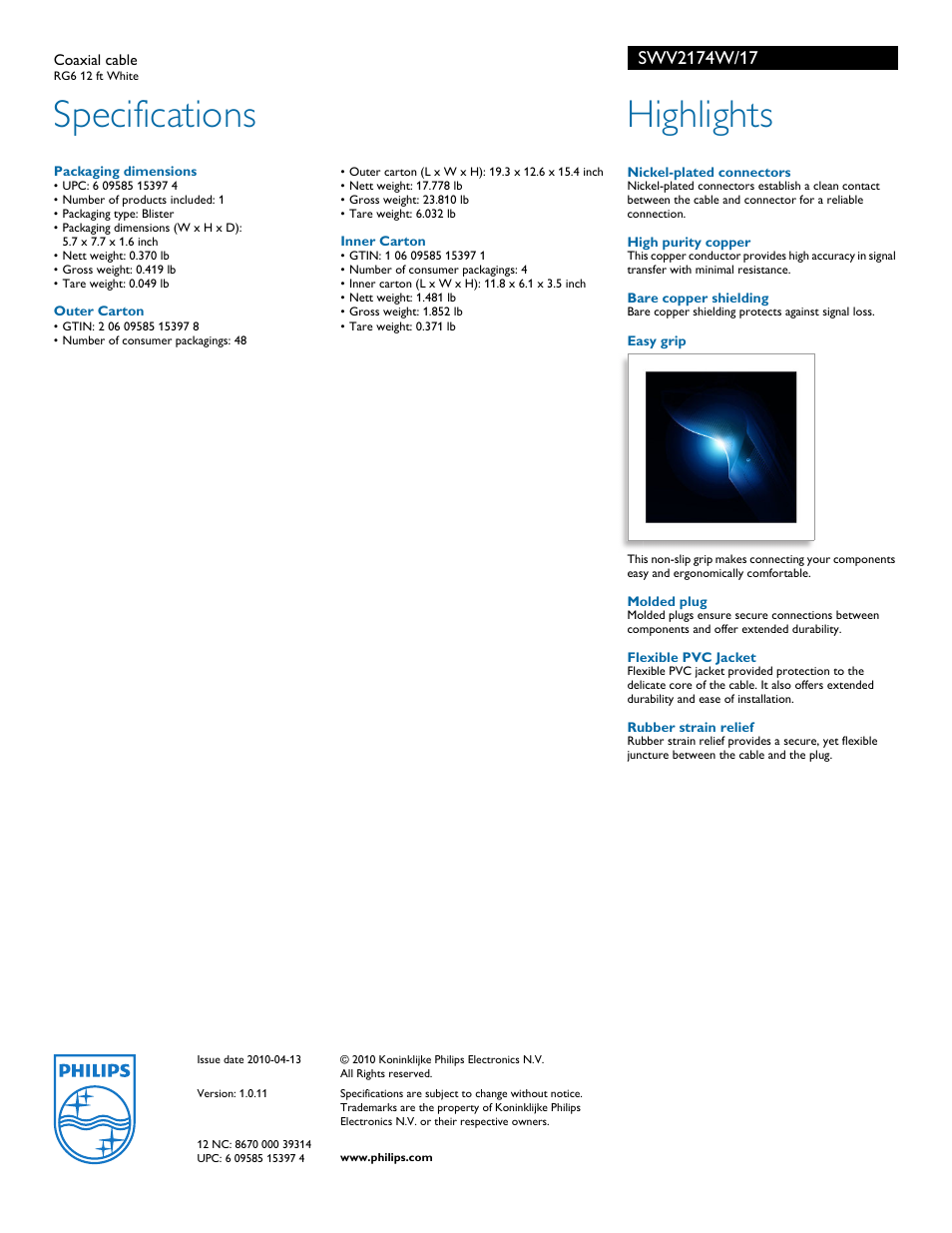 Specifications, Highlights | Philips Coaxial cable SWV2174W RG6 12 ft White User Manual | Page 2 / 2