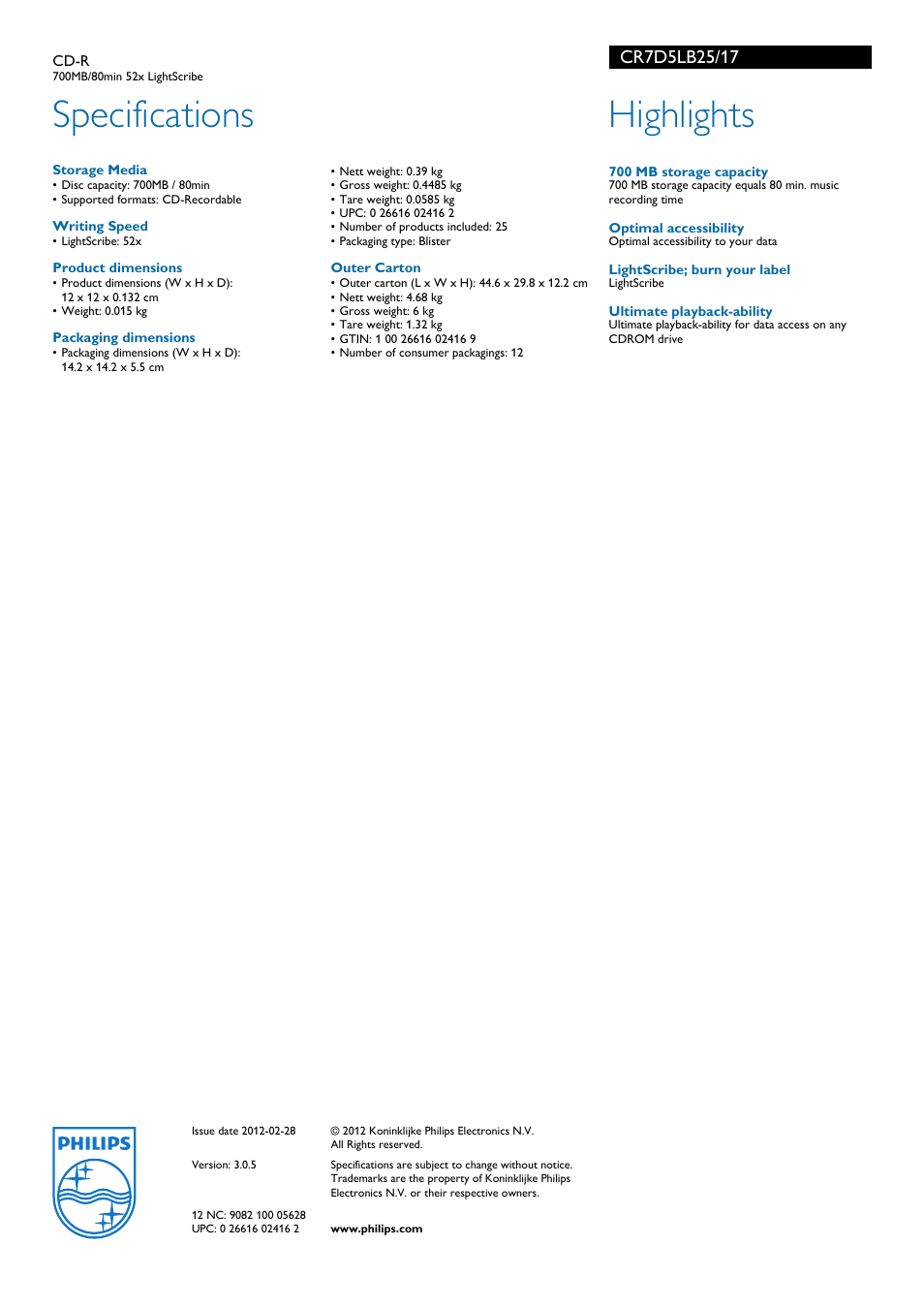 Specifications, Highlights | Philips CD-R CR7D5LB25 700MB-80min 52x User Manual | Page 2 / 2
