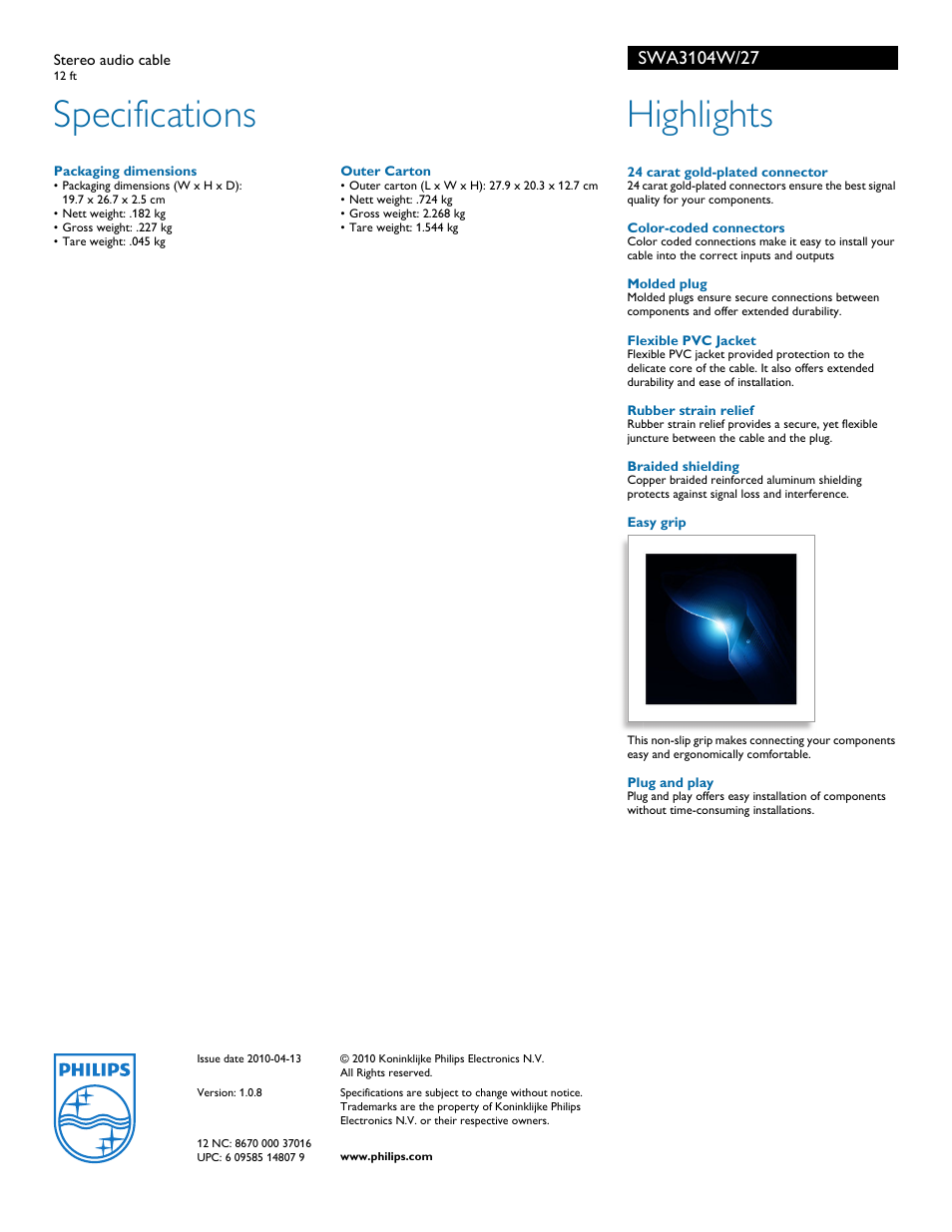 Specifications, Highlights | Philips SWA3104W-27 User Manual | Page 2 / 2