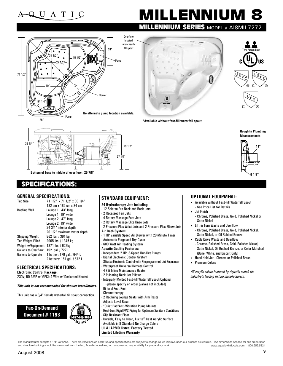 Aquatic MILLENNIUM 8 AI8mIl7272 User Manual | 1 page