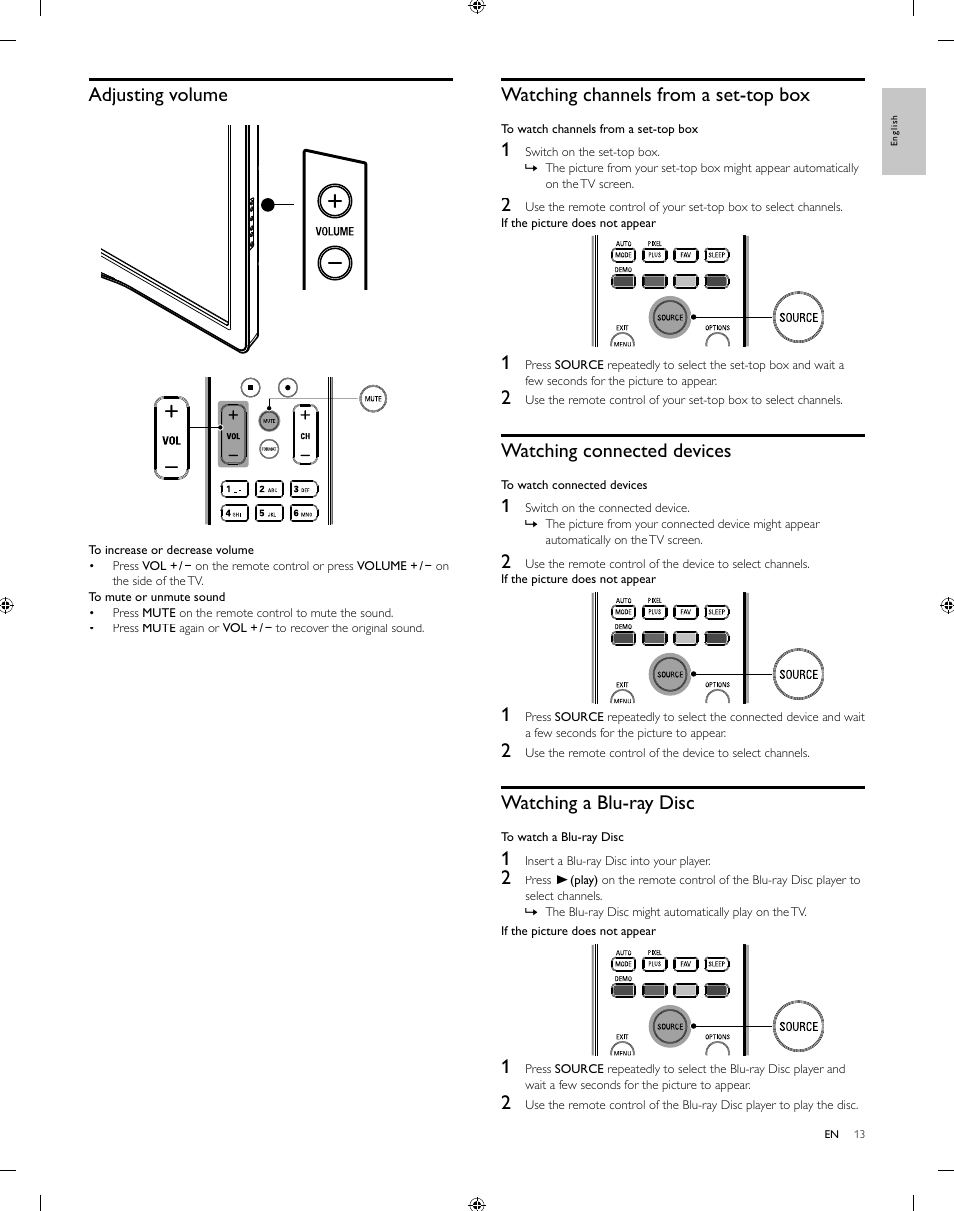 Watching channels from a set-top box, Watching connected devices, Watching a blu-ray disc | Adjusting volume | Philips 55PFL5505D-F7 User Manual | Page 14 / 37