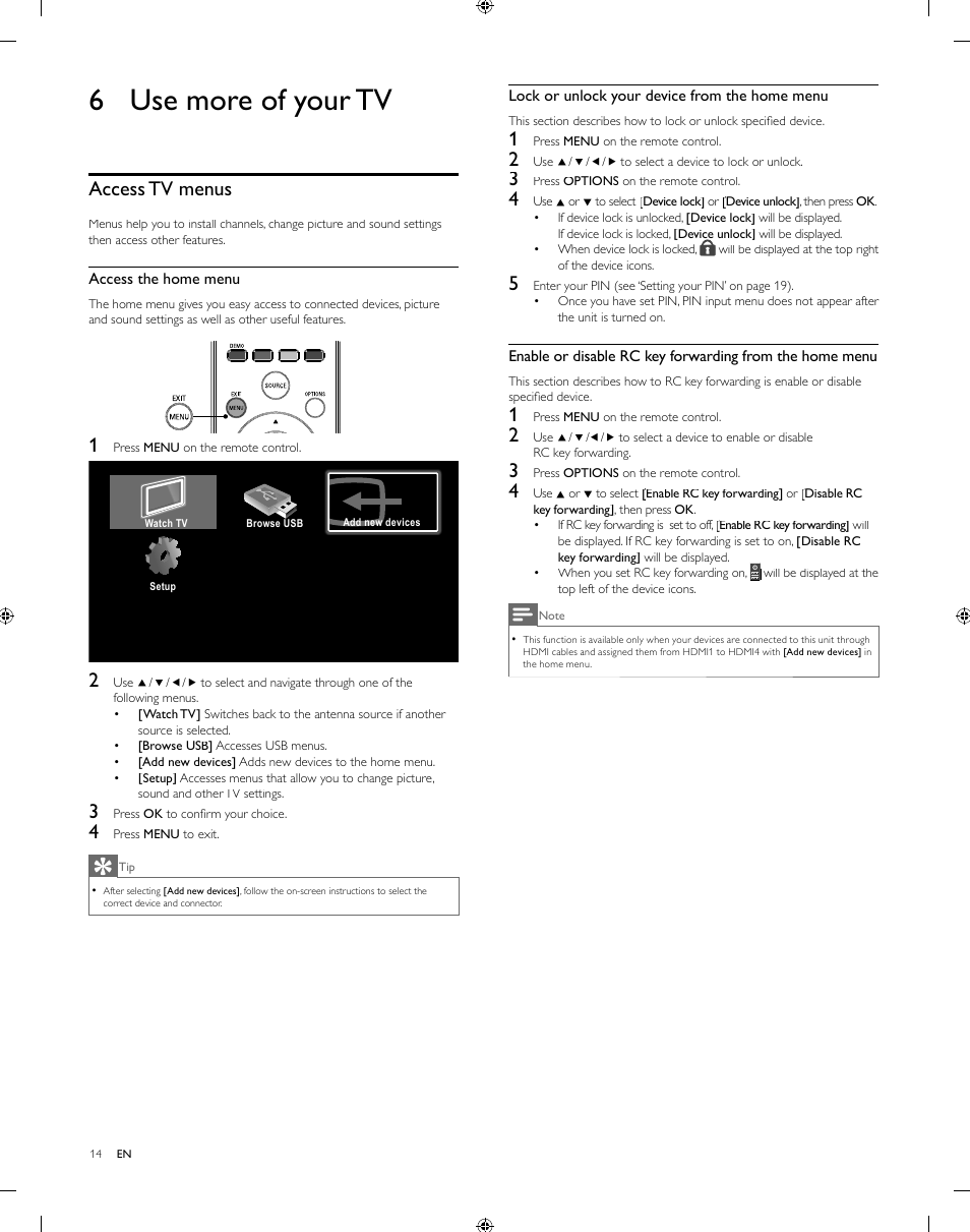 6 use more of your tv, Access tv menus | Philips 55PFL5505D-F7 User Manual | Page 15 / 37