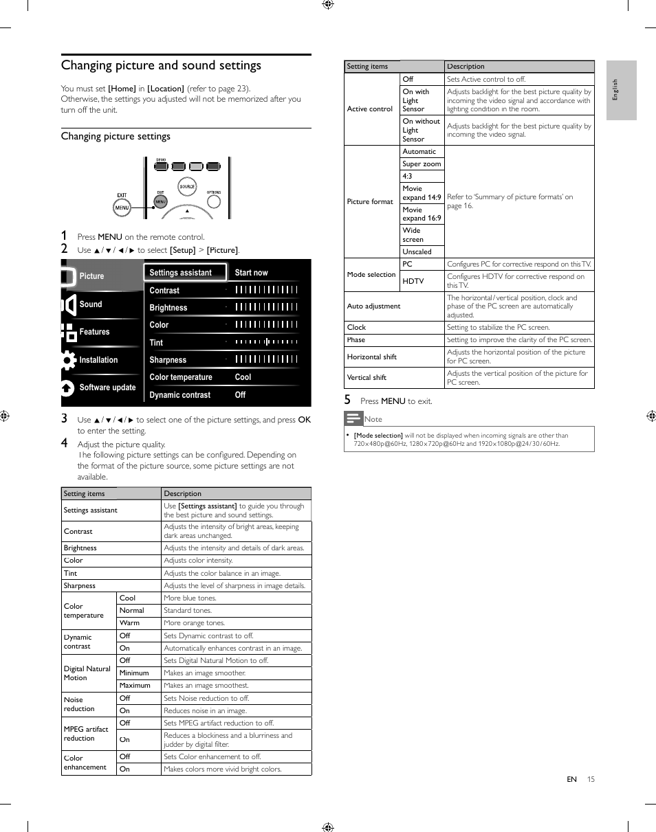 Changing picture and sound settings, Changing picture settings | Philips 55PFL5505D-F7 User Manual | Page 16 / 37