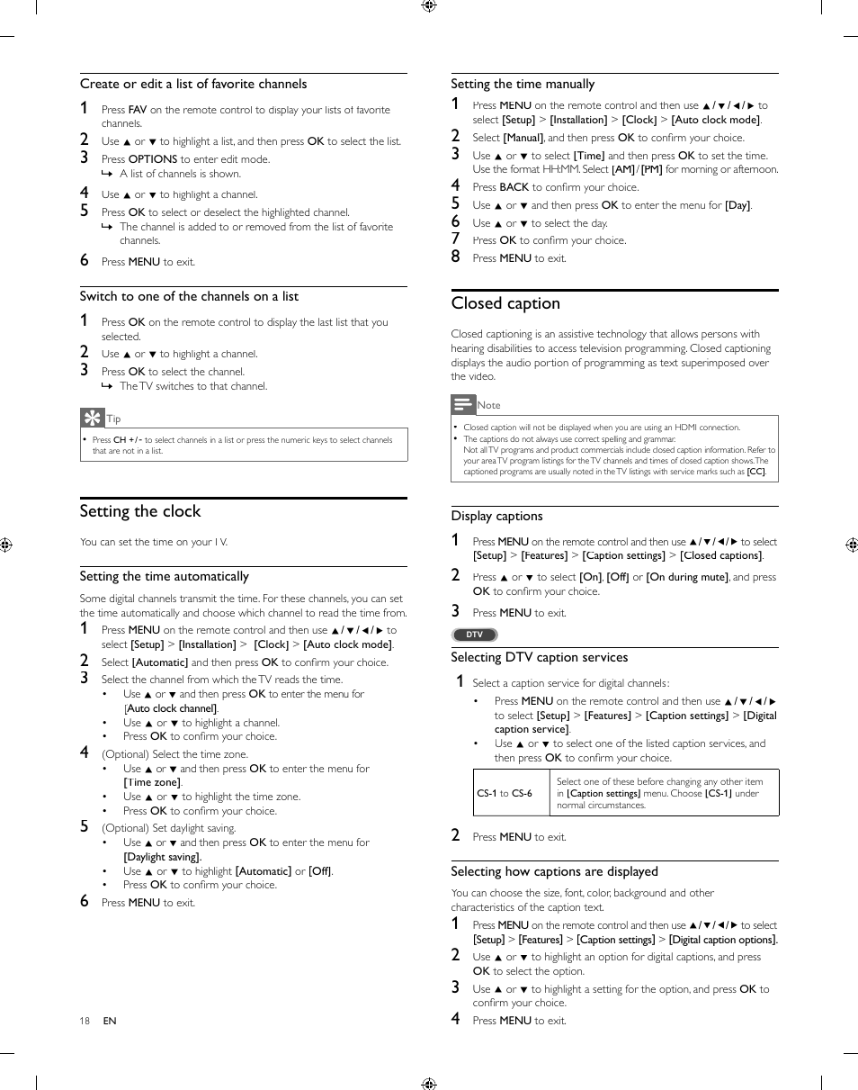 Closed caption, Setting the clock | Philips 55PFL5505D-F7 User Manual | Page 19 / 37
