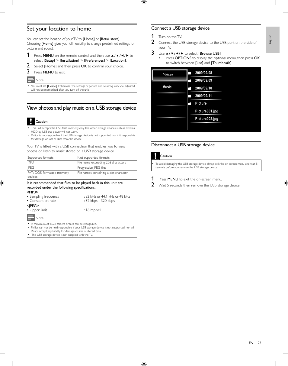 Set your location to home, View photos and play music on a usb storage device | Philips 55PFL5505D-F7 User Manual | Page 24 / 37