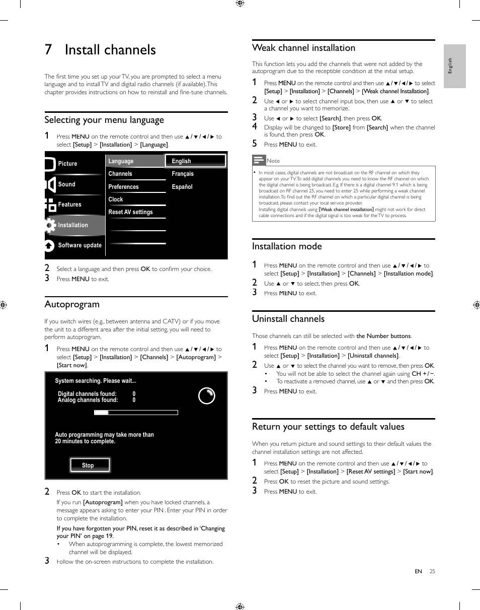 7 install channels, Weak channel installation, Installation mode 1 | Uninstall channels, Return your settings to default values, Selecting your menu language 1, Autoprogram | Philips 55PFL5505D-F7 User Manual | Page 26 / 37